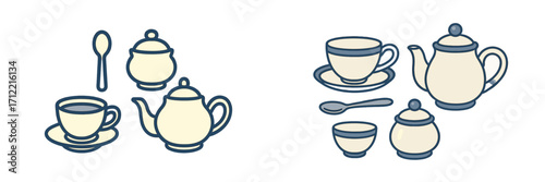 Assortment of ceramic teapots, coffee cups, saucers, sugar bowls, and spoons for a traditional hot beverage service