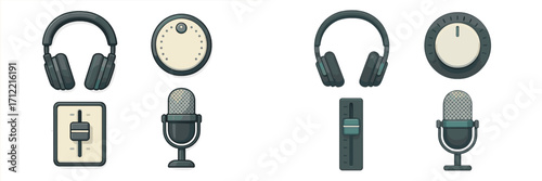 Audio equipment icons featuring headphones, microphones, faders, and volume knobs for sound production
