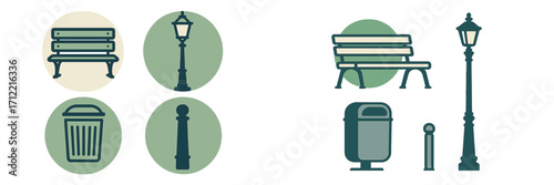 Urban park and street furniture elements: benches, lampposts, trash cans, and bollards in clean graphic style