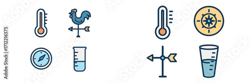 Collection of weather forecasting and scientific measurement tools, including thermometers, weathervanes, compasses, and graduated cylinders