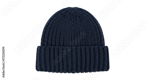 Tableau sur toile Isolated dark-blue knitted beanie hat for cold weather, comfortable and stylish