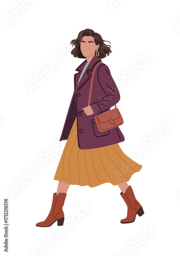 Flat vector illustration of a stylish woman walking in autumn clothes. Casual coat, skirt, and boots. Side view, full length, isolated on transparent background