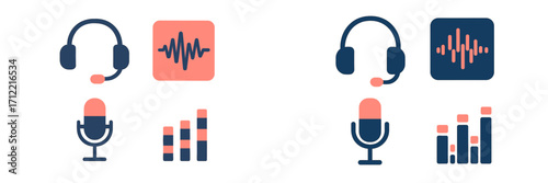 Modern flat design icons featuring audio headsets, microphones, sound waves, and equalizer bars, perfect for digital communication projects and media
