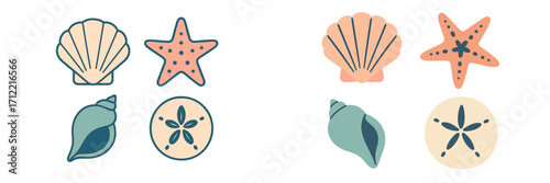 Stylized marine life elements featuring scallop, conch, starfish, and sand dollar for ocean themes
