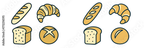 Assortment of freshly baked bread products including baguettes, croissants, sandwich loaves, and round rolls