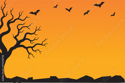 Haunted Halloween Tree with Flying Bats on Bright Orange Background – Creepy Silhouette Scene for Autumn Horror Celebration