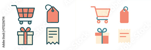 Essential e-commerce and retail icons including a shopping cart, price tag, gift box, and sales receipt for online business