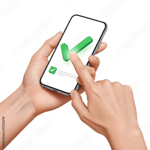 Two hands holding a smartphone with a green check mark. 3D hand tapping a green check mark