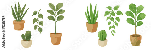 Diverse collection of green potted houseplants and succulents with a charming watercolor texture on white background