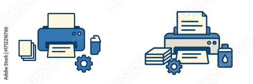 Modern office printing equipment with paper stacks, ink cartridges, and settings gear for document production process