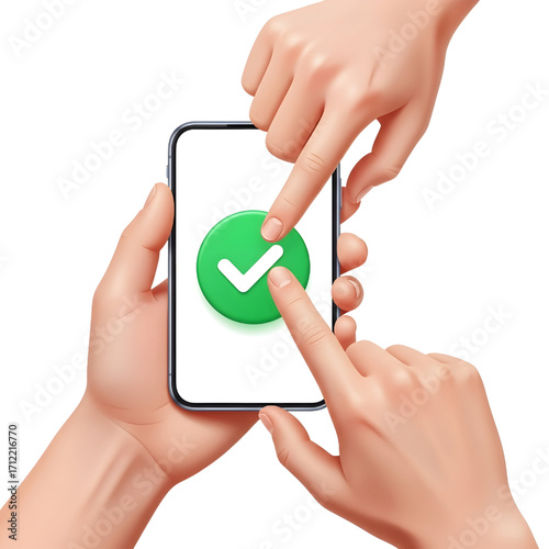 Two hands holding a smartphone with a green check mark. 3D hand tapping a green check mark