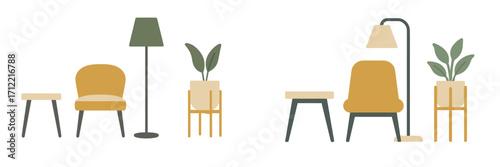 Contemporary interior design elements with stylish armchairs side tables floor lamps and potted plants