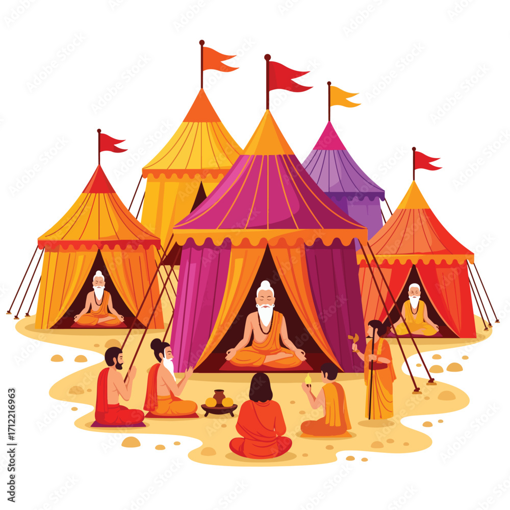 Fototapeta premium Indian Sages Meditating at a Spiritual Camp with Tents