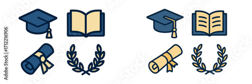 Set of academic symbols for graduation and education featuring mortarboard, open book, diploma, and laurel wreath icons