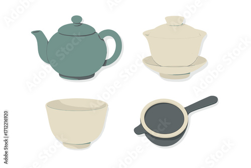 Traditional Asian tea ceremony set with teapot, gaiwan, teacup, and strainer in minimalist paper cut style
