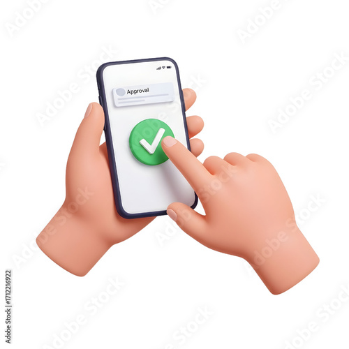 Two hands holding a smartphone with a green check mark. 3D hand tapping a green check mark