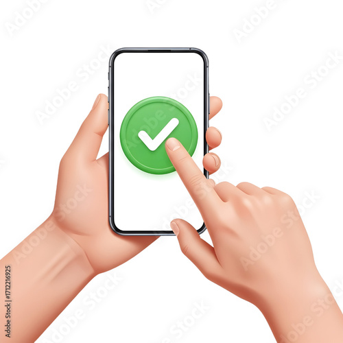Two hands holding a smartphone with a green check mark. 3D hand tapping a green check mark
