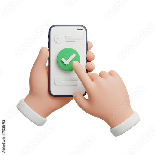 Two hands holding a smartphone with a green check mark. 3D hand tapping a green check mark