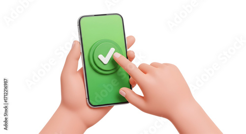 Two hands holding a smartphone with a green check mark. 3D hand tapping a green check mark