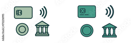Financial payment and banking icons set with credit cards, contactless symbol, coins, and bank buildings for modern transactions