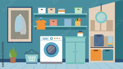 A clean and organized laundry room with builtin storage a sleek washing machine and a folding station.