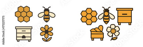 Bees flying around beehives and honeycomb with blooming flowers, representing natural honey production