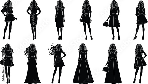 Elegant women fashion silhouettes in various dress styles, formal and casual outfits, stylish poses, vector illustration for design and trend inspiration