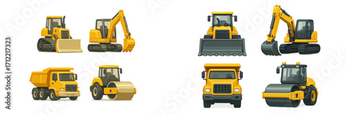 Heavy construction machinery set including bulldozer, excavator, dump truck, and road roller for building projects
