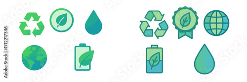 Collection of environmental sustainability icons including recycling, nature, water, earth, and green energy symbols