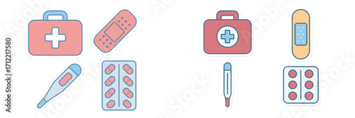 Collection of essential medical supplies including first aid kit, adhesive bandage, thermometer, and medication blister pack for health and wellness