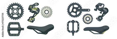 Essential bicycle components including gears, derailleurs, pedals, and saddles for cycling enthusiasts