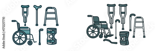 Essential medical assistance devices including wheelchairs, crutches, walkers, canes, and braces for patient mobility and rehabilitation