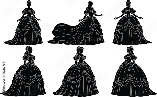 Elegant Victorian ball gown silhouettes of women in royal fashion poses, vintage dress designs, historical costume illustration for luxury events
