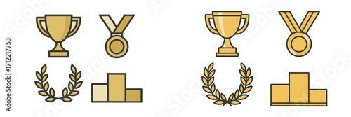 Collection of golden award icons including trophies, medals, laurel wreaths, and winner podiums for success and competition