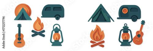 Outdoor camping adventure equipment set with tent, campfire, caravan, lantern, and guitar for nature exploration