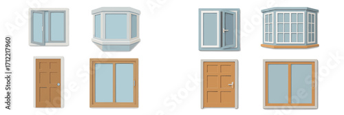 Assortment of modern residential windows and doors including casement, bay, and sliding styles for architectural design