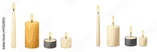Realistic burning wax candles in various shapes and sizes providing warm light and ambiance for decoration, celebration, and relaxation