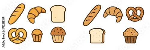 Assortment of fresh baked goods including baguettes, croissants, pretzels, sliced bread, and cupcakes for breakfast or snack