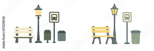Street furniture elements including park benches, lampposts, bus stop signs, and trash cans