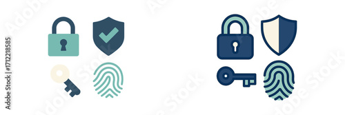 Digital security and data protection symbols with padlock, key, shield, and fingerprint for online privacy and access control