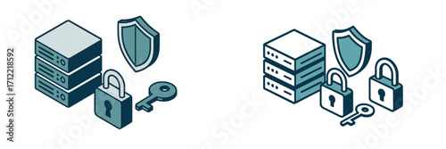 Isometric data server protection with shield, padlock, and key for digital security, network privacy, and information safety