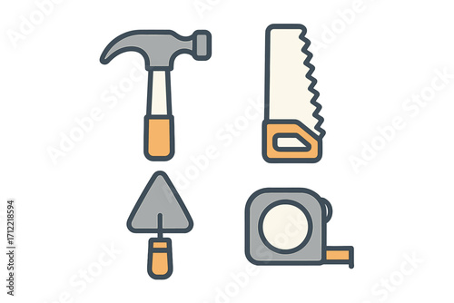 Collection of essential construction and home improvement tools including hammer saw trowel and tape measure for various building and repair tasks