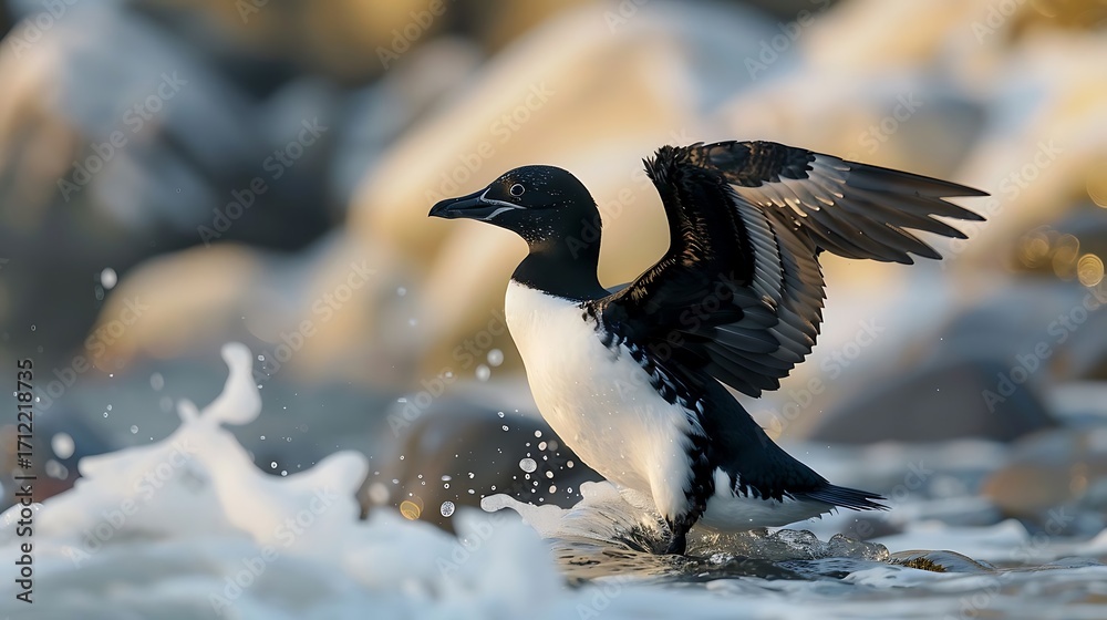 Fototapeta premium Common murre seabird standing in the shallow surf with wings lifted up, perfect for natural history.