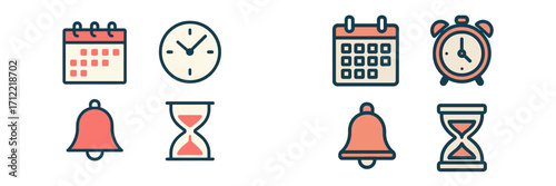 Time and schedule management symbols with calendars, clocks, alarm clocks, bells, and hourglasses