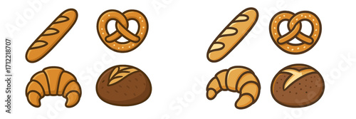 Delicious assortment of freshly baked bread, pretzels, croissants, and rustic loaves, perfect for a bakery or breakfast menu, presented on a clean white background