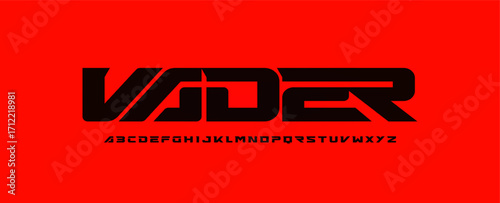 Futuristic cyberpunk space alphabet, bold wide stencil cutout font for modern tech sport race logo, dynamic scifi heavy headline, geometric typographic design. Vector typeset