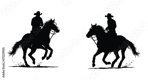 Silhouettes of two cowboys riding horses a western scene illustration