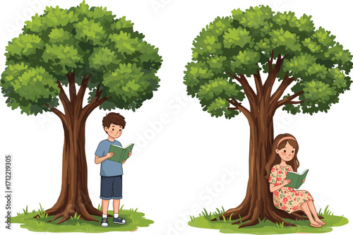 Children reading books under trees, peaceful outdoor learning, nature education, cartoon kids, vector illustration, calm activity, white reading books under trees, peaceful outdoor learning, 