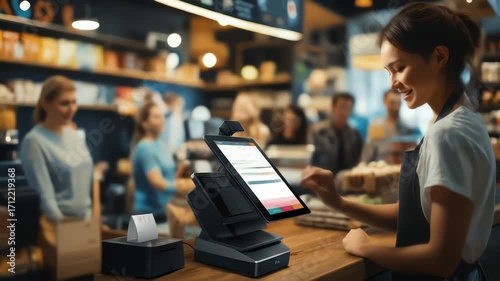 Cashier Using Digital Tablet for Payment at Counter in Cafe