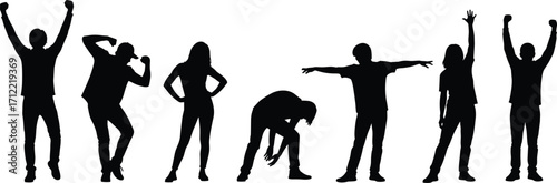 Dynamic human silhouette poses collection showing celebration, confidence, exhaustion, balance, aspiration, and triumph for business, lifestyle, sports, and creative design